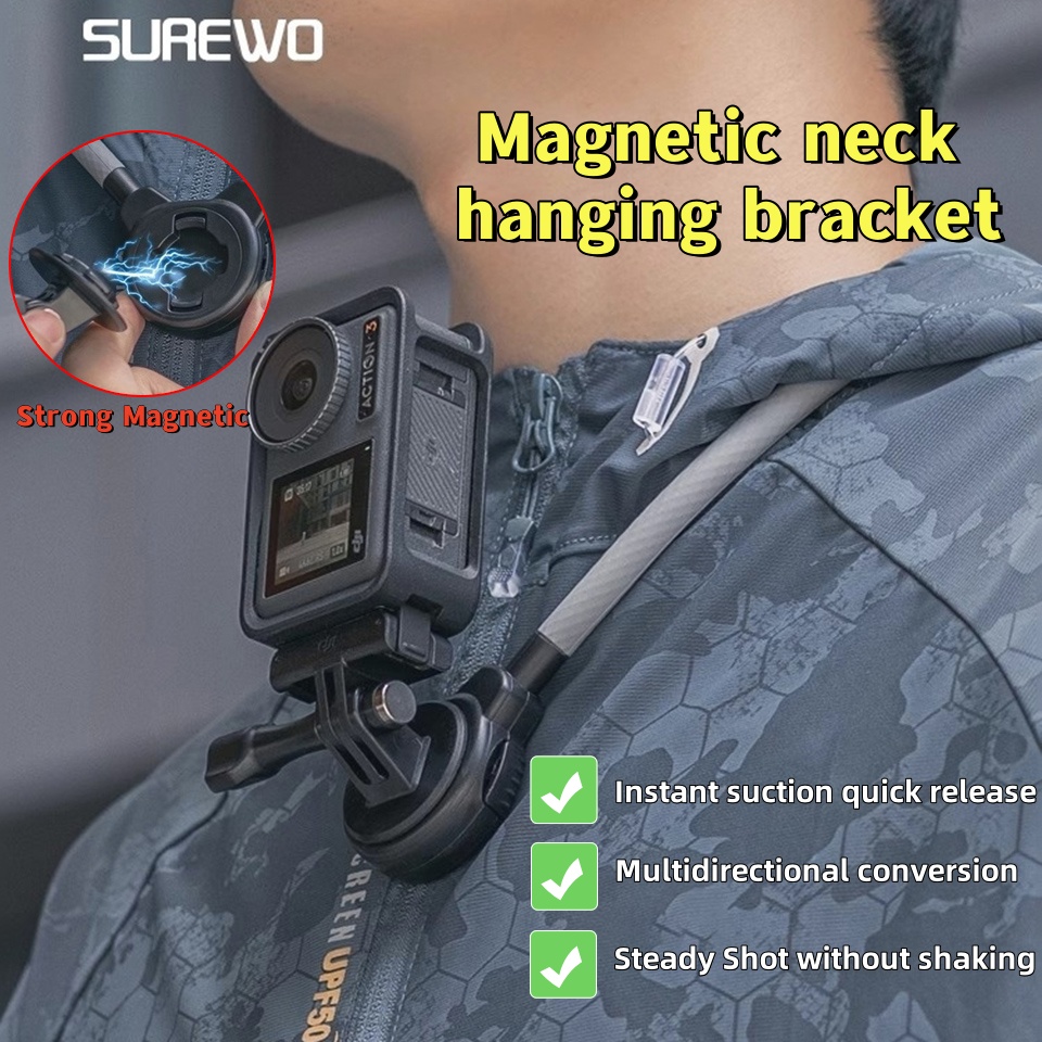 Gopro Action Camera Hero 12 Black - Surewo ที่ยึดคอแม่เหล็กแบบปลดออกได้อย่างรวดเร็วตัวยึดเซลฟี่สำหรับกล้อง GoPro GoPro HERO 12/11